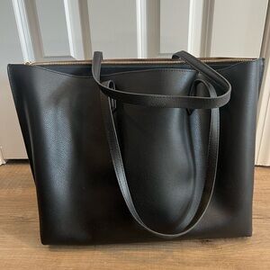 Italian Leather Triple Compartment Shopper Tote Black